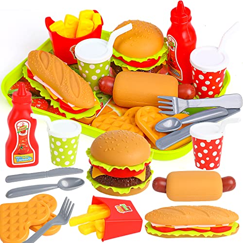 FINGOOO Pretend Play Food Set, Hamburger Fries Pizza Popcorn Toys Role Play Take Apart Educational Gift for Kids Boys Girls
