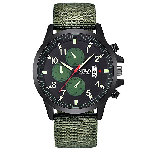 Military Watch,Men Analog Watches Army Filed Tactical Sport Wrist Watches Canvas Strap Calendar Date (Green -3)