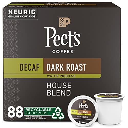 Peet's Coffee, Dark Roast Decaffeinated Coffee K-Cup Pods for Keurig Brewers - Decaf House Blend 88 Count (4 Boxes of 22 K-Cup Pods)