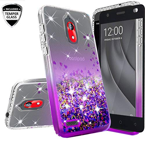 SOGA Compatible for Coolpad Legacy Go Case, Coolpad illumina Case, with [Tempered Glass Screen Protector] Diamond Liquid Quicksand Cover Cute Girl Women Phone Case - Clear/Purple