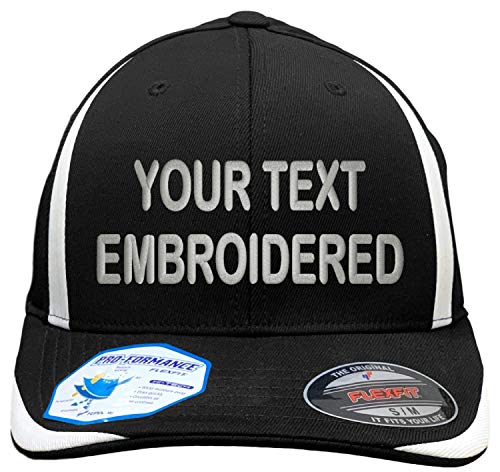 Custom Hat Flexfit Cool & Dry Sport 6599 Your Own Text Embroidered Curved Bill (Flexfit Cool & Dry Sport 6599 S/M, Black/White) -Clearance