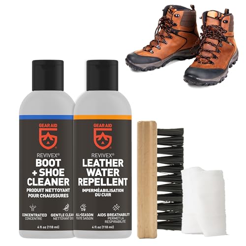 GEAR AID Revivex Leather Boot Care Kit with Water Repellent, Cleaner, Brush and Cloth , Two 4 fl oz bottles