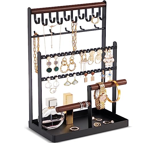 ProCase Jewelry Organizer Stand Necklace Organizer Earring Holder Mothers Day Gift, 6 Tier Jewelry Stand Necklace Holder with 15 Hooks, Jewelry Tower Display Rack Storage Tree -Black