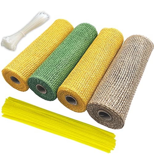 Poly Burlap Mesh 10 inches,5 Yards Each ,4 Rolls Burlap Rolls for DIY Sunflower Wreath, Come with Zip Ties and Chanel Stems (Yellow, Green, Brown)