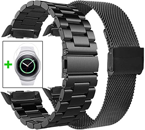 KOREDA Compatible with Samsung Gear S2 Bands Sets, 2 Pack Stainless Steel Metal Band + Mesh Loop Replacement Bracelet Strap for Gear S2 Sport Smart Watch SM-R720/R730 (2 Pack Black)
