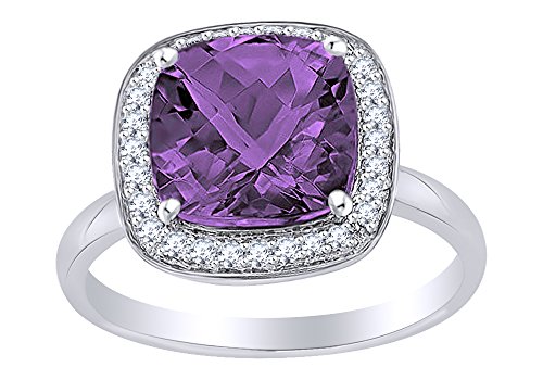 AFFY Cushion Cut Simulated Amethyst & White Cubic Zirconia Cocktail Ring in 10k Yellow Gold (2.73 cttw) Ring Size-9.5