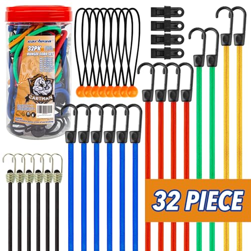 Cartman 32 Piece Bungee Cords Assortment Jar Includes 10' 18' 24' 32' 40' Bungee Cord with Hooks, 8' Canopy Tarp Ball Ties and Tarp Clips