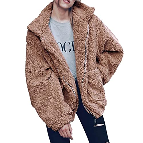 PRETTYGARDEN Women's Fashion Winter Coat Long Sleeve Lapel Zip Up Faux Shearling Shaggy Oversized Shacket Jacket (Khaki,X-Large)