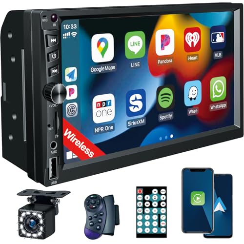 Wireless Double Din Car Stereo Works with Apple Carplay,7 Inch HD 1024 * 600 Touchscreen with Bluetooth 5.1,FM Car Radio,GPS Navigation,Backup Camera,Android Auto,Voice Control，USB/AUX/TF/SWC