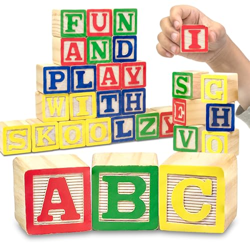 Skoolzy Wooden Alphabet Blocks | 26 ABC Wooden Blocks for Toddlers | Wood Alphabet Stacking Toys | Alphabet Learning Toys Ages 2 +