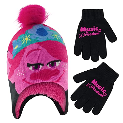 DREAMWORKS TROLLS Girls Winter Hat And Kids Gloves Set, Scarf Or Earmuffs, Poppy For Ages 4-7, Bright Pink/Black