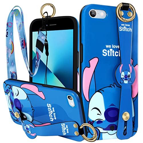 Flafens Stih with Wrist Strap for iPhone 7/8/SE/2020 2022 Case Lanyard Girls Cartoon Cute Kawaii Character Wristband Cases for Kids Boys Girly Fun Phone Cover for iPhone 7/8/SE/2020 2022 4.7 Inches