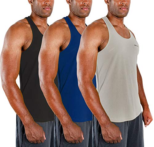 DEVOPS 3 Pack Men's Y-Back Dry Fit Muscle Gym Workout Tank Top (X-Large, Black/Navy/Gray)
