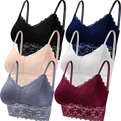 Duufin 6 Pieces Lace Bralettes Padded Lace Camisole Lace Bandeau Bra Straps Tube Bra with Removable Pads for Women Girls Sports Daily Favor (Black, Beige, White, Navy, Gray, Burgundy, XXL)