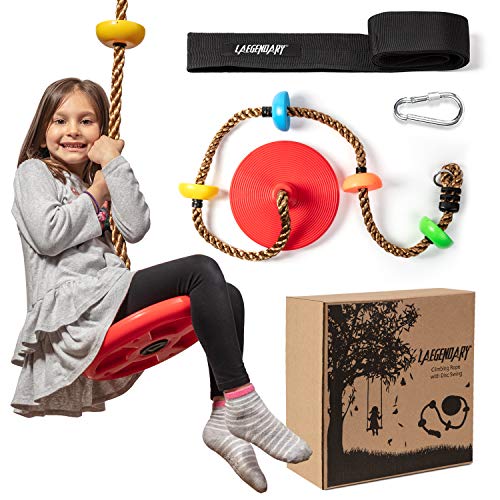 LAEGENDARY Tree Swing for Kids - Single Disk Outdoor Climbing Rope with Platforms, Carabiner & 4 Ft Tree Strap - Playground Accessories - Multicolored