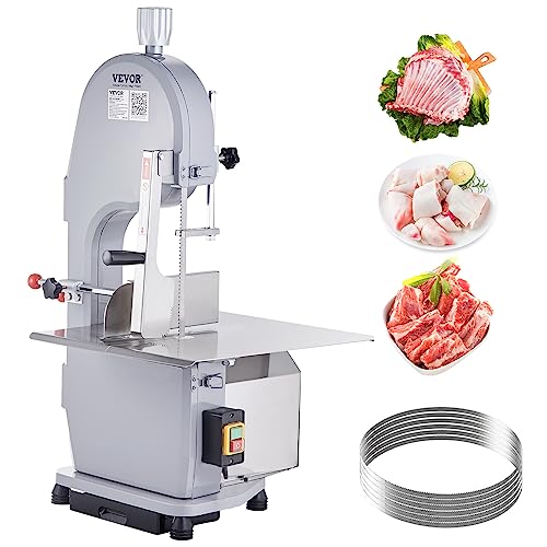 VEVOR Commercial Electric Meat Bandsaw, 1500W Stainless Steel Countertop Bone Sawing Machine, Workbeach 19.3' x 15', 0.16-7.9 Inch Cutting Thickness, Frozen Meat Cutter with 6 Blades for Rib Pork Beef