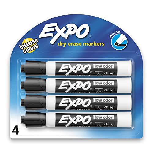 EXPO Low Odor Dry Erase Markers, Chisel Tip, Black, 4 Count