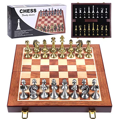 Metal Chess Board Game for Adults and Kids - Wooden Folding Travel Chess Board with Metal Pieces - Ideal for Beginners and Professional Players