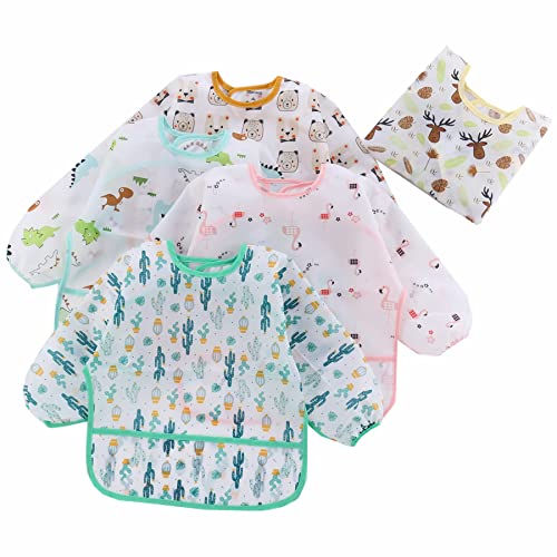 HaimoBurg 5 Pcs Long Sleeved Baby Toddler Bibs Waterproof Sleeved Bib 3-24 Months