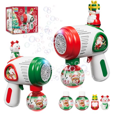 QLT Bubble Machine Gun, 2 Pack Christmas Bubble Gun Set with Squeaky Santa Claus& Snowman Dolls, Lighting Bubble Maker, for Kids Toddlers