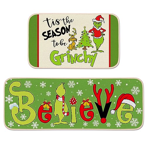 Yanleen Christmas Decorations Indoor Grinchs Christmas Kitchen Bathroom Door Mats Tis The Season to be Grinchy Believe Decorative Rugs Floor Set of 2 Merry Xmas Holiday Home Decor Ornaments