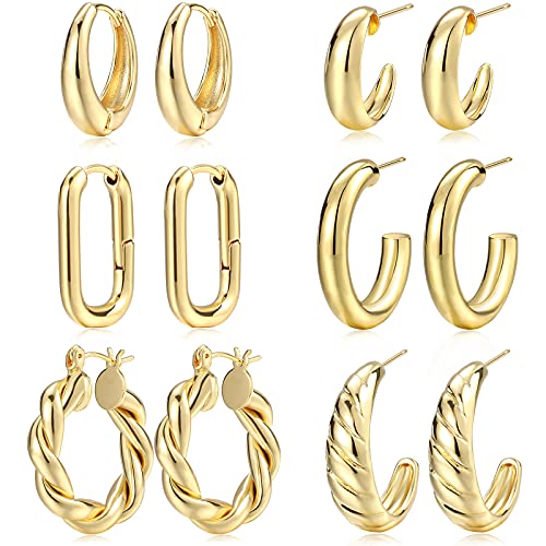 Gold Hoop Earrings Set for Women, 6 Pairs 14K Gold Plated Lightweight Hypoallergenic Chunky Open Hoops Jewelry for Gift