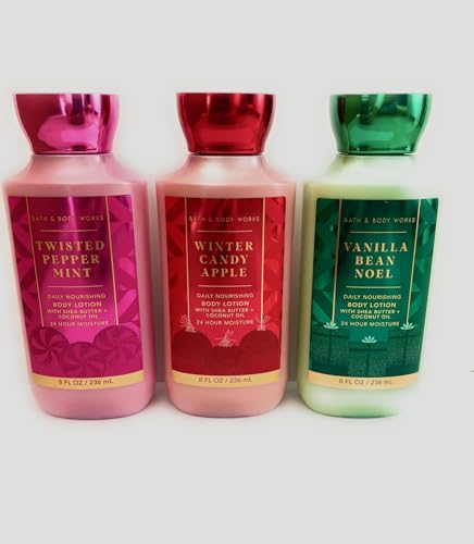 Bath and Body Works Holiday Traditions Christmas Lotion Gift Set of 3 Full Size Body Lotions: Vanilla Bean Noel, Winter Candy Apple, and Twisted Peppermint (Large 8 ounce bottles)