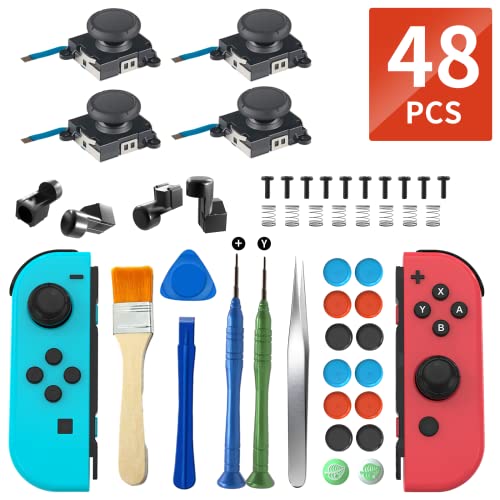 Joycon Joystick Replacement Kit( 48 in one), Switch Joystick Replacement for Switch/ Switch Lite/ Switch OLED, Include 4 Thumb 3D Sticks, 4 Metal Buckles, 2 Screwdrivers, Pry Tool, 14 Thumbstick Grips