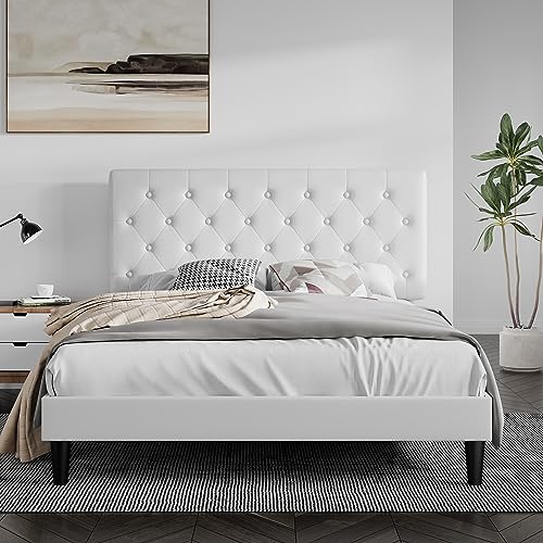 SHA CERLIN Queen Size Bed Frame with Button Tufted Headboard, Faux Leather Upholstered Mattress Foundation, Platform Bed Frame, Wooden Slat Support, No Box Spring Needed, White