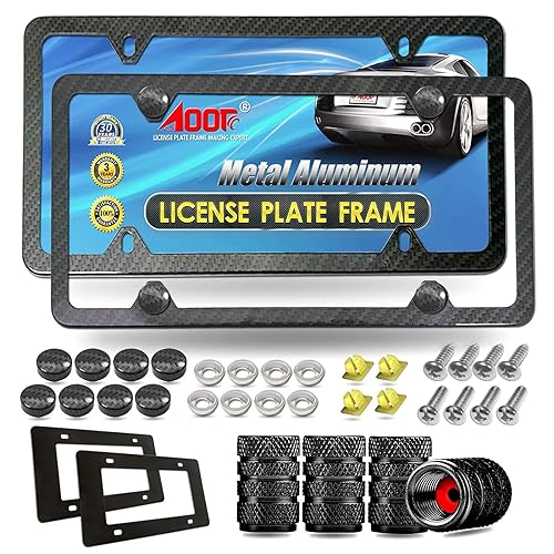 Aootf Carbon Fiber License Plate Frame- Heavy Duty Black Aluminum Car Tag Cover, Slim Front & Rear Holders Mount Hardware Kit- Screws Bolts, Nut, Tire Valve Caps, Rattle Proof Pad