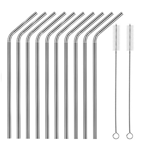 Set of 10 Stainless Steel Straws, HuaQi Bent Reusable Drinking Straws 10.5'' Long 0.24‘’ Dia for 30 oz Tumbler and 20 oz Tumbler, 2 Cleaning Brush Included (10 Bent Straws + 2 Brushes）