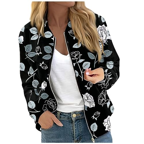 FlekmanArt Women Zip Up Bomber Jacket Flight Crochet Tops Classic Running Jackets Retro Winter Coat Clothes Womens Bomber(5-Black,Large)