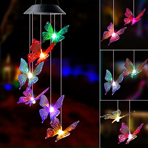 WeeksEight Purple Butterfly Solar Wind Chimes Colors Changing Lights, Best Gifts for Mom Grandma Women Mothers, Decorations Windchimes Outdoor Garden Yard Decor