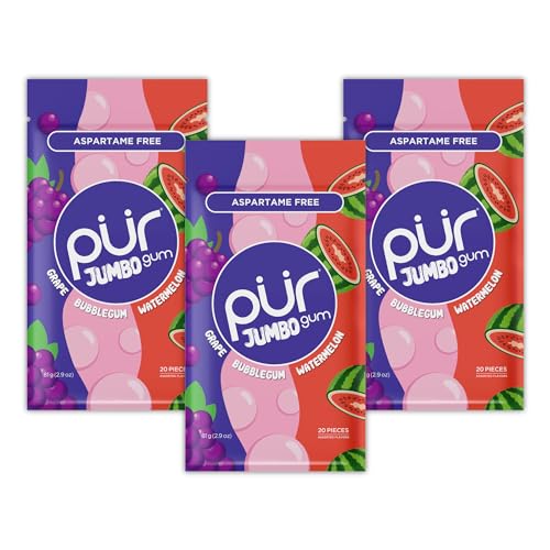 PUR Jumbo Gum | Aspartame Free Chewing Gum | 100% Xylitol | Natural Bubblegum, Grape, Watermelon Flavor, 20 Pieces (Pack of 3)