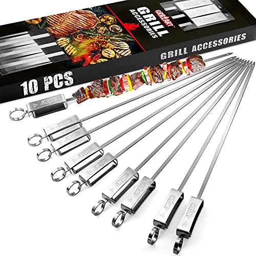 GRILLART Kabob Skewers for Grilling - Metal Skewers for Kabobs with Slider - Flat BBQ Skewers Stainless Steel - 17' Shish Kabob Grill Skewers & Ideal Kabob Sticks for Meat Shrimp Chicken Veggie(10PCS)