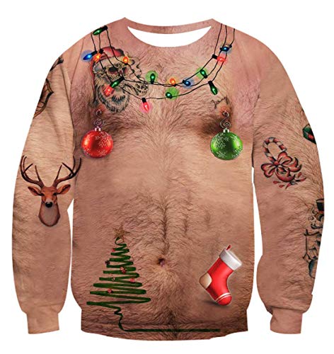 Idgreatim Mens Male Novetly Chest Hair Print Long Sleeve Pullover Ugly Christmas Sweatshirt Sweater XL