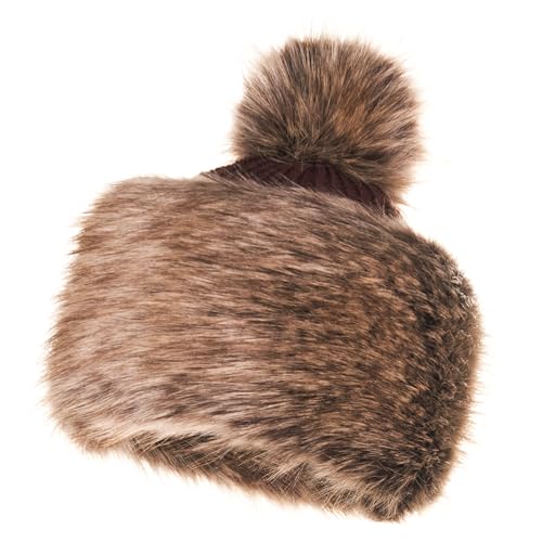 Futrzane Faux Fur Russian Hat for Women - Warm & Fun Fur Cuff Hat with Pom Pom (Hazel Wolf)
