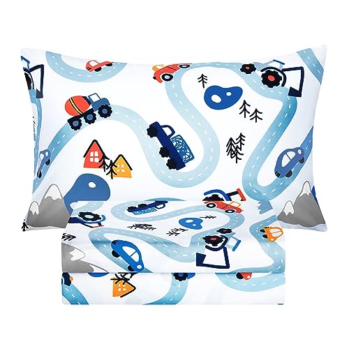 BYSURE Kids Twin Size Bed Sheets for Boys, Car Trace Pattern 14' Deep Pocket 3 Pieces Sheets Set, Easy-wash Microfiber Cute Flat Fitted Sheets, for Children