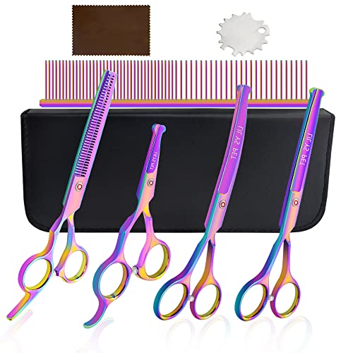 LILYS PET Safe Round-Tip Professional PET DOG Grooming Coated Titanium scissors suit Cutting&Curved&Thinning shears Set (Rainbow)