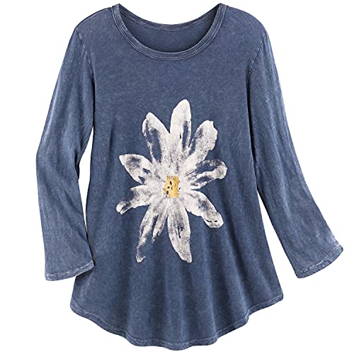 JESS & JANE Womens Watercolor Print Daisy Shirt - 3/4 Sleeve Blue Tunic Top Medium