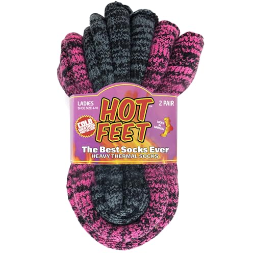 HOT FEET 2 Pack Warm Cozy Thermal Socks for Women - Thick Insulated Crew for Cold Winter Weather. Pink Marl/Gray Marl