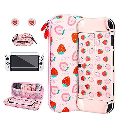 RHOTALL Strawberry Carrying Case Set for Nintendo Switch OLED, Portable Travel Case for Switch OLED Accessories Storage with Pink Protective Shell, Shoulder Strap, Screen Protector and 2 Thumb Caps