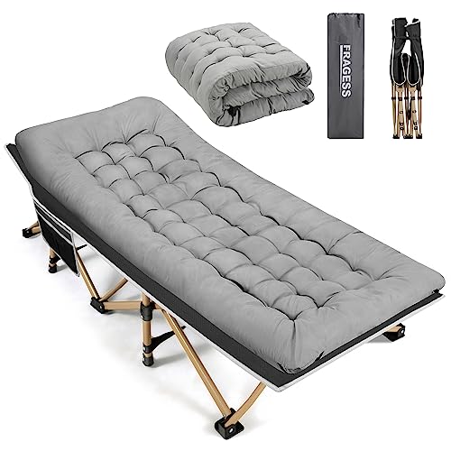 Fragess Portable Camping Cot, 600LBS Max Load, Extra Wide with Thick Mattress, Folding Cot for Outdoor Camping/Office, Home Nap (Grey)