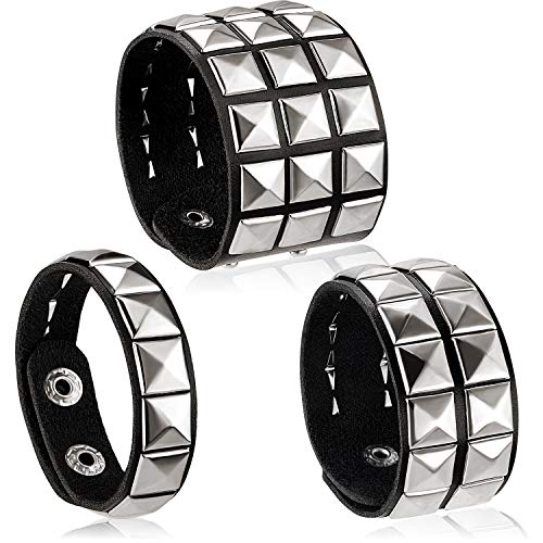 Hicarer 3 Pieces Leather Studded Punk Bracelet for Men Women 80s Studded Wristband Goth Punk Rock Bracelet Spike Rivet Cuff Bangle Unisex Metal for Halloween Party Favors Accessories (Punk Style)
