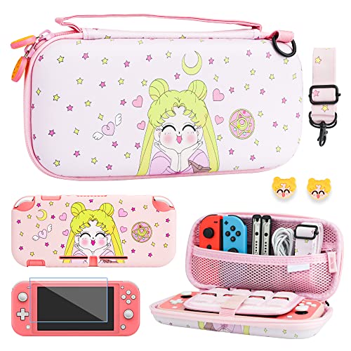 FUNDIARY Pink Carrying Case for Nintendo Switch Lite Accessories, Travel Case Bundle for Switch Lite with Soft TPU Protective Cover, Adjustable Shoulder Strap, Screen Protector and 2 Thumb Caps - Girl