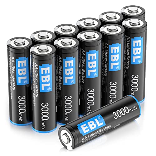 EBL 12 Pack 3000mAh 1.5V AA Lithium Batteries - High Performance Constant Volt Non-Rechargeable Batteries Lithium AA Batterry for Flashlight Solar Lights Control Blink Security System