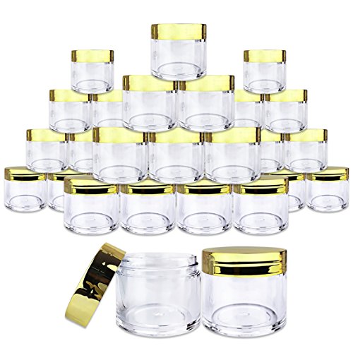 Beauticom 30g/30ml (1 fl. oz.) Double Wall Clear Plastic Leak Proof Jars with Flat Top Lids for Creams, Lotions, Make Up, Powders, Glitters, and more... (Color: Metallic Gold, Pieces: 30)