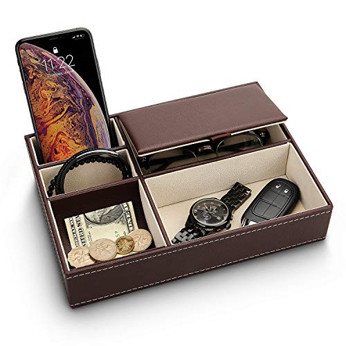 Baoyun Mens Valet Tray Organizer - Leather Nightstand Dresser Top Box with 5 Compartment for Accessories, Wallet, Phone, Keys (Brown)
