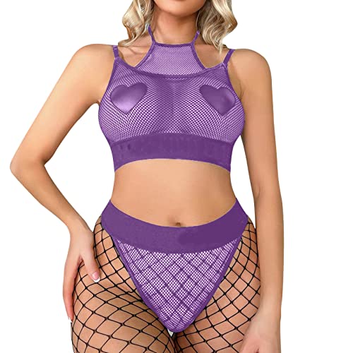 TODOZO Women Plus Size Underwire Lingerie Set 2 Piece Underwear Bowknot Underwear Sleepwear Sexy Shirts for Women (Purple, L)