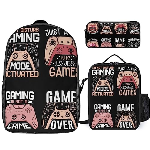 NAWFIVE Game Controller Set Backpack And Lunch Bag,Pencil Case 3 Set Bag Gamepad Joystick Lightweight Casual Daypack for Men Women Work,Travel